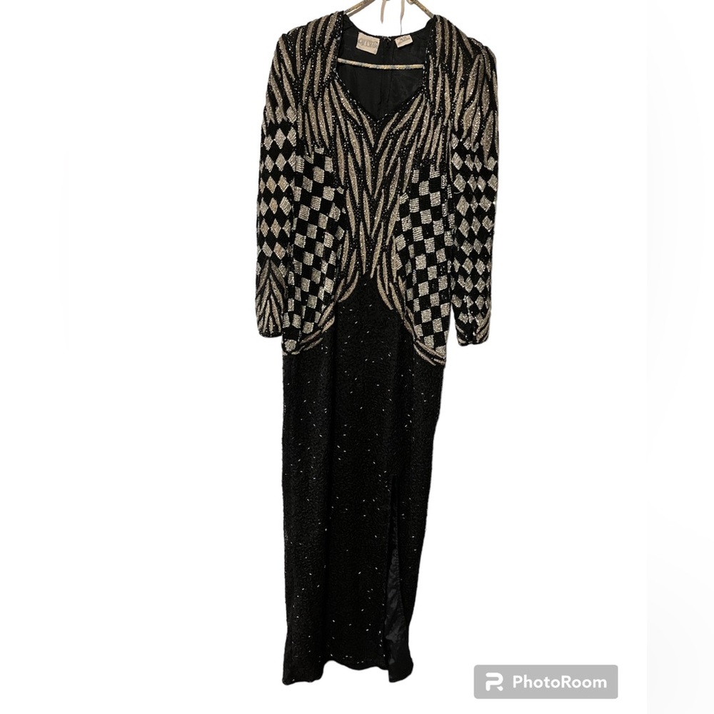Elegant Hand Beaded Evening Dress Black,Silver Little Light‎ Gold , 10/12 Heavy